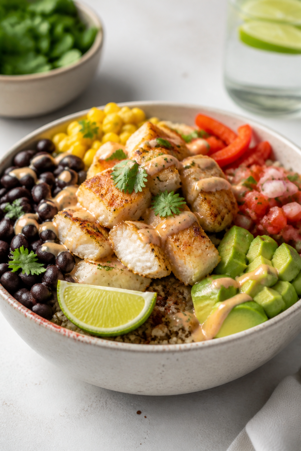 Final dish hero plate: Restaurant-style presentation of a composed fish burrito bowl variation with