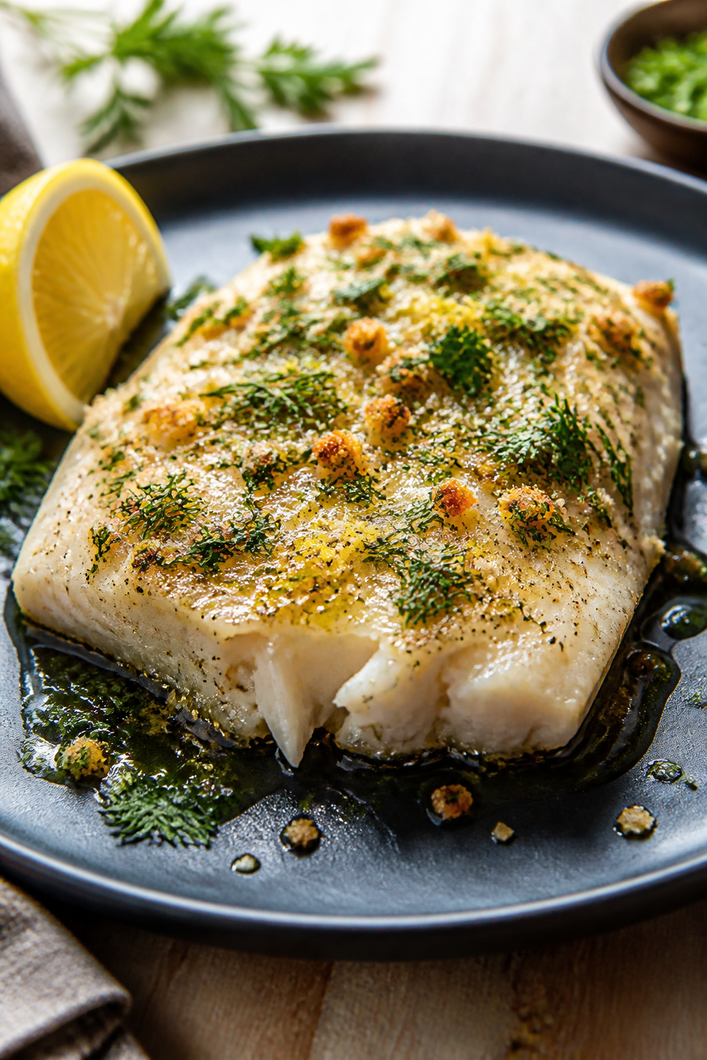 Final dish hero: Restaurant-quality presentation of flaky cod just off the pan, butter spooning effe
