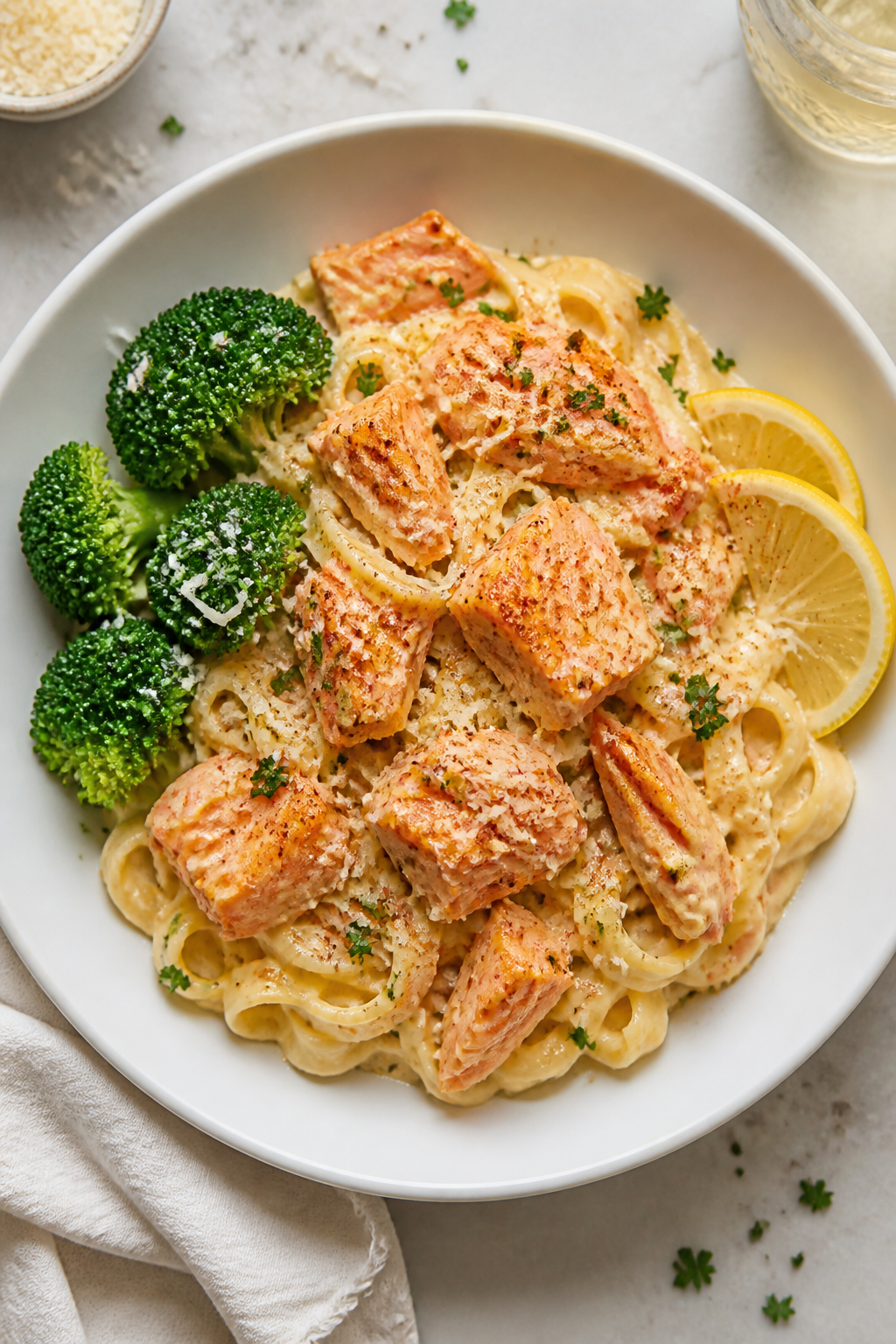 Final dish overhead: Healthy Cajun Salmon Alfredo plated in a wide shallow white bowl—fettuccine c