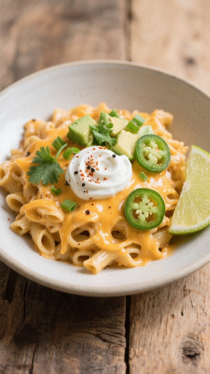 Final dish, plated beauty shot: Bowl of One-Pot Cheesy Taco Pasta finished and ultra creamy, cheddar
