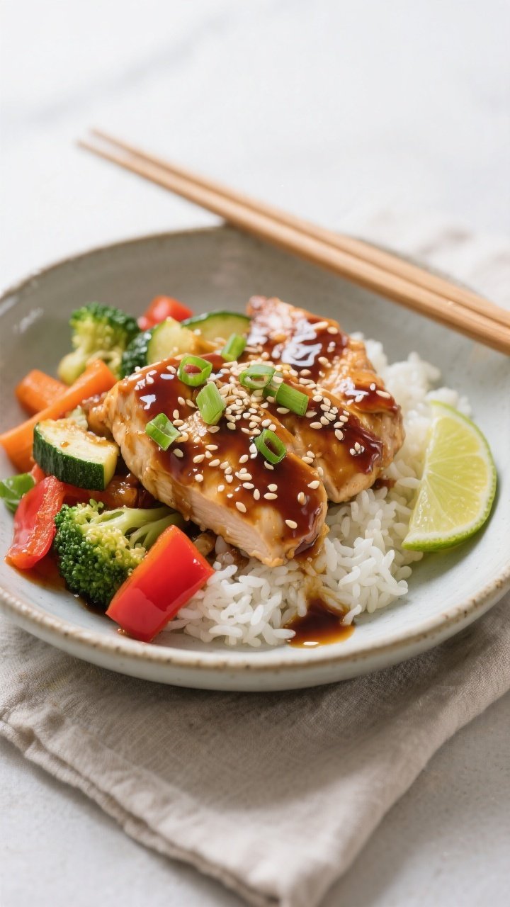 Final dish, plated restaurant style: Beautifully plated Easy Teriyaki Chicken & Veggie Bowl in a wid