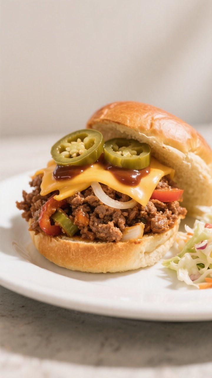 Final dish presentation: BBQ turkey sloppy joe style—soft toasted brioche bun piled high with the 
