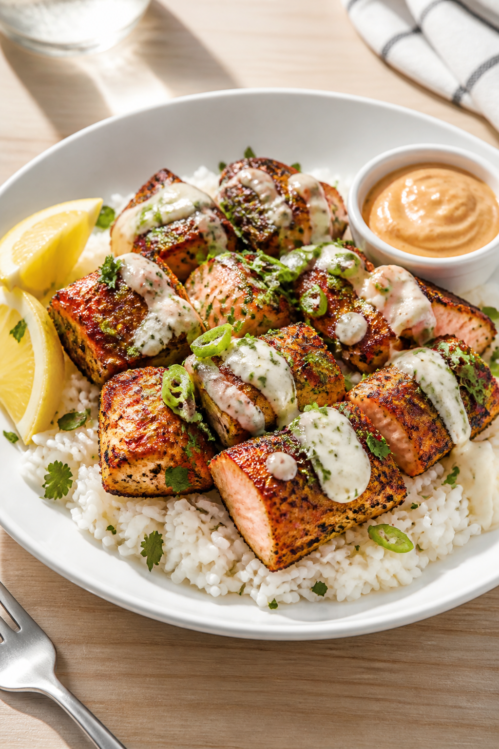 Final dish presentation: Beautifully plated Air Fryer Cajun Salmon Bites over fluffy white rice with