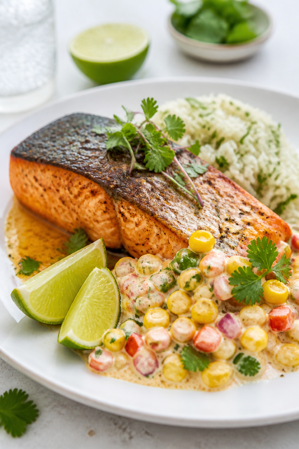 Final dish presentation: Beautifully plated Cajun Salmon with Creamy Corn Salsa on a matte white pla