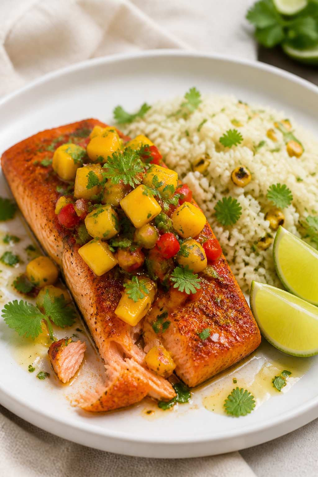 Final dish presentation: Beautifully plated chili lime salmon topped with heaping mango salsa on a w