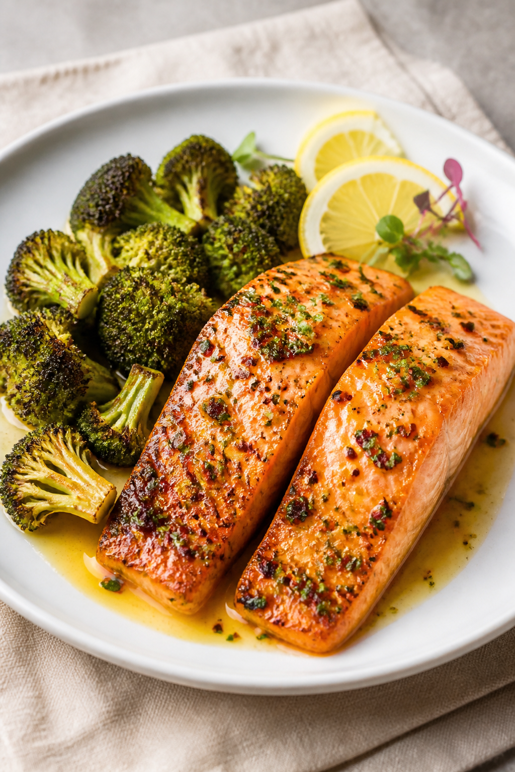 Final dish presentation: Beautifully plated Garlic Butter Salmon & Crispy Broccoli on a wide white r