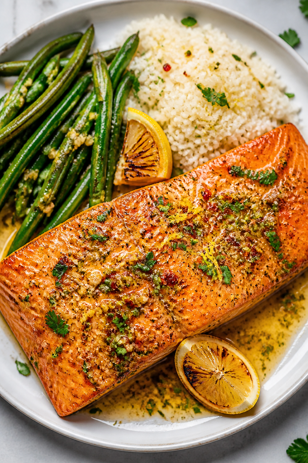 Final dish presentation: Beautifully plated Million Dollar Garlic Butter Salmon as one large fillet 