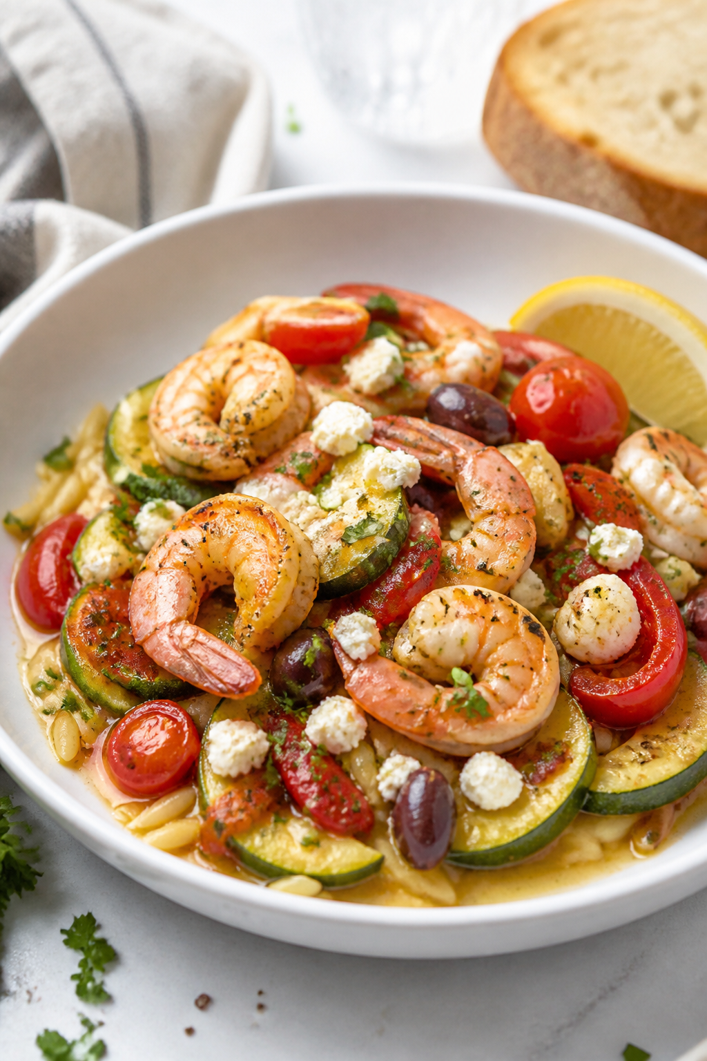 Final dish presentation: Beautifully plated One Pan Mediterranean Shrimp Bake in a wide, shallow whi