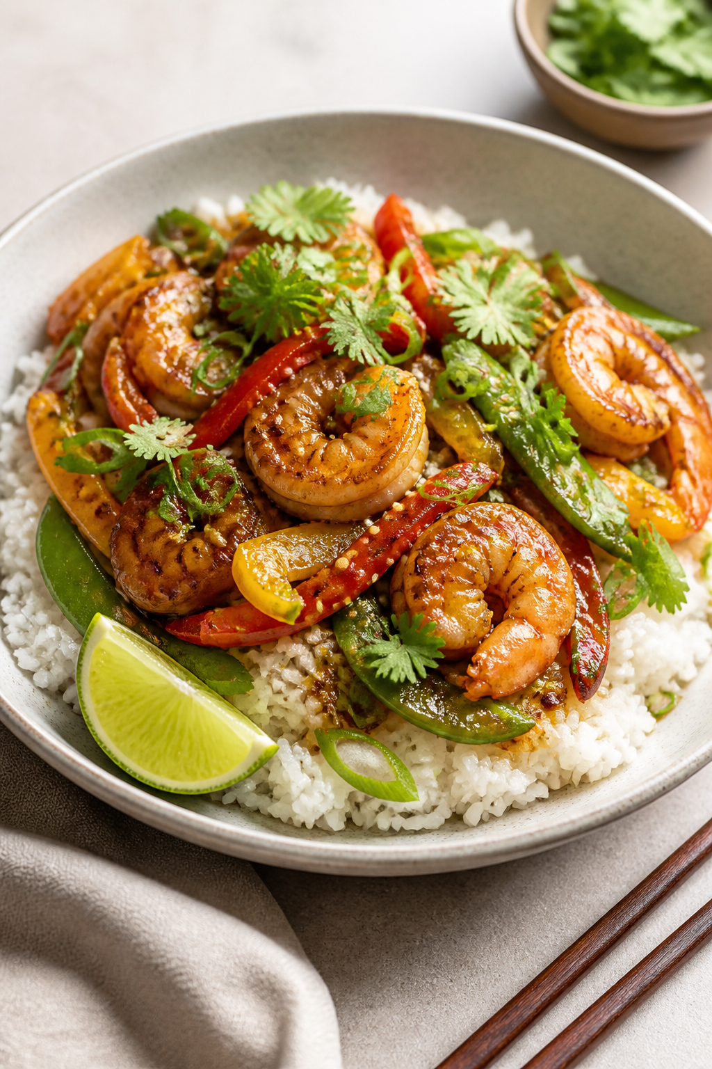 Final dish presentation: Beautifully plated Spicy Garlic Shrimp Rice Bowl in a wide, shallow ceramic