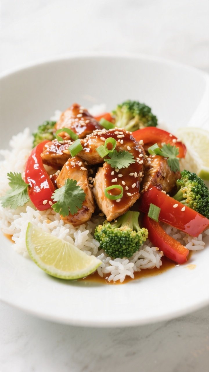 Final dish presentation: Beautifully plated Sweet Chili Chicken & Rice in a wide, shallow white bowl