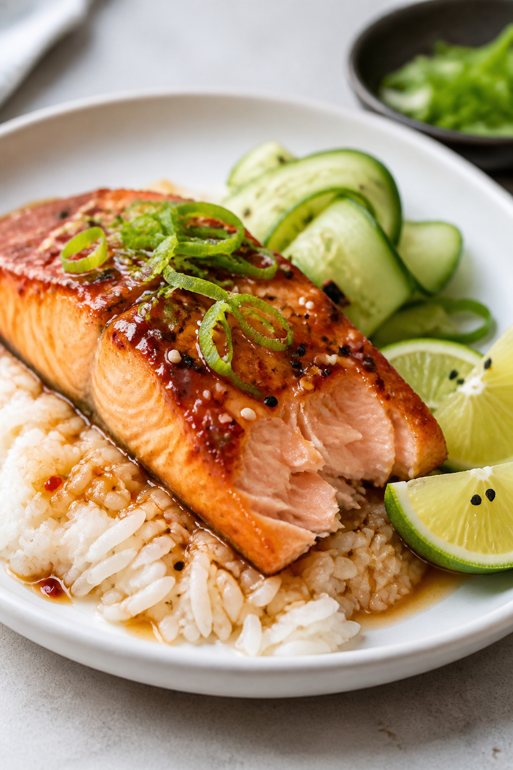 Final dish presentation: Beautifully plated sweet chili glazed salmon on a white ceramic plate over