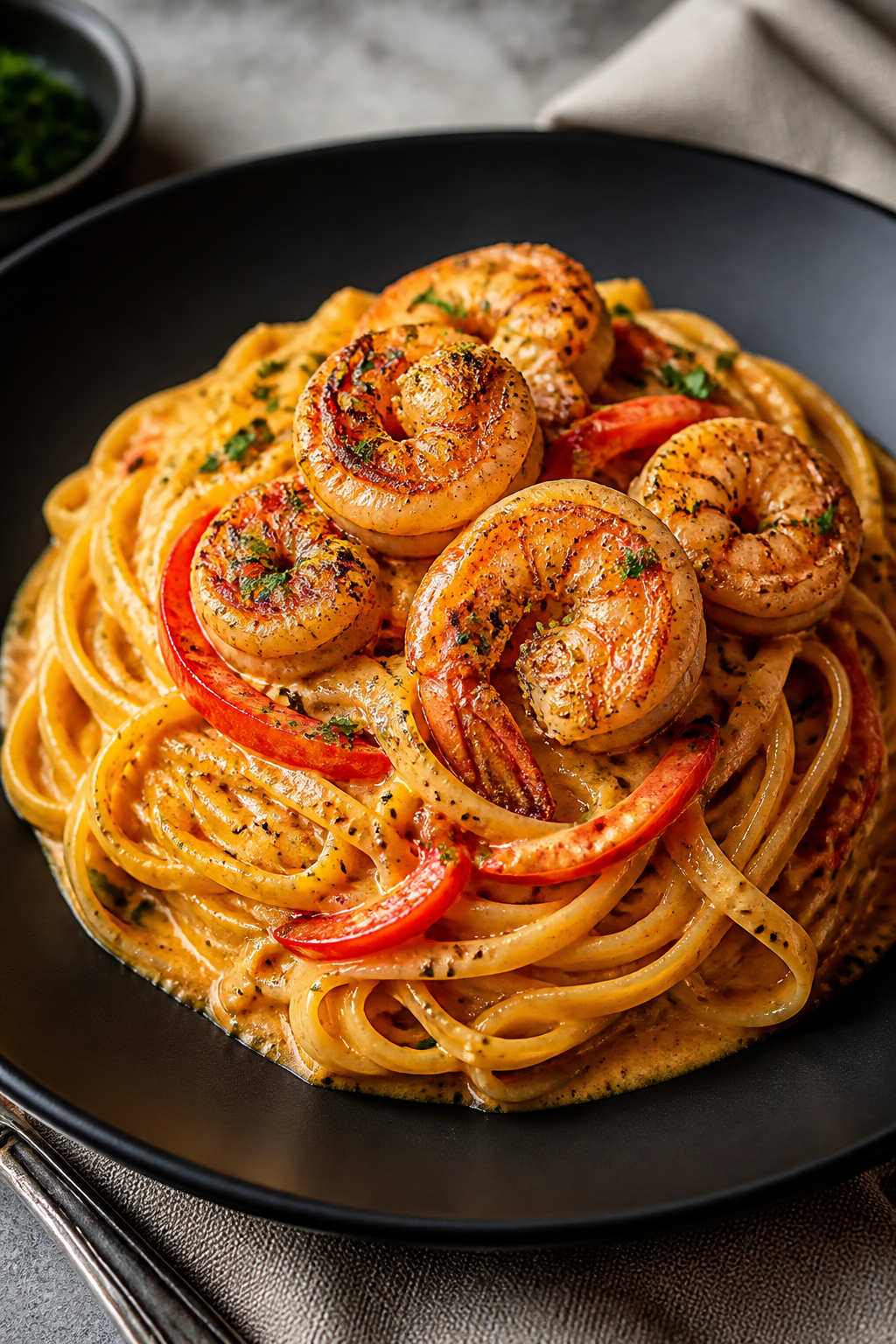Final dish presentation: Restaurant-quality plate of Creamy Cajun Shrimp Pasta twirled into a neat n