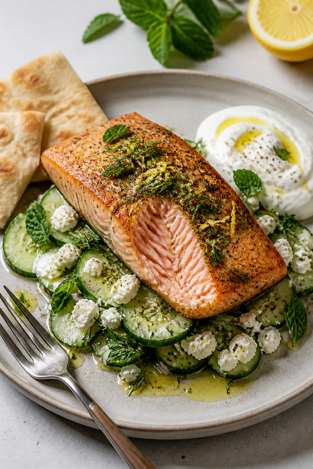 Final dish presentation: Restaurant-quality plate of salmon served over a bed of herby cucumber sala