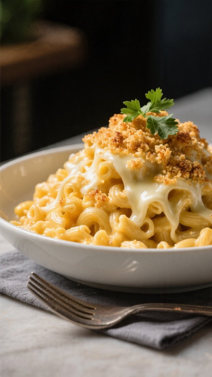 Final dish presentation: Restaurant-quality plated serving of the mac and cheese piled high in a mat