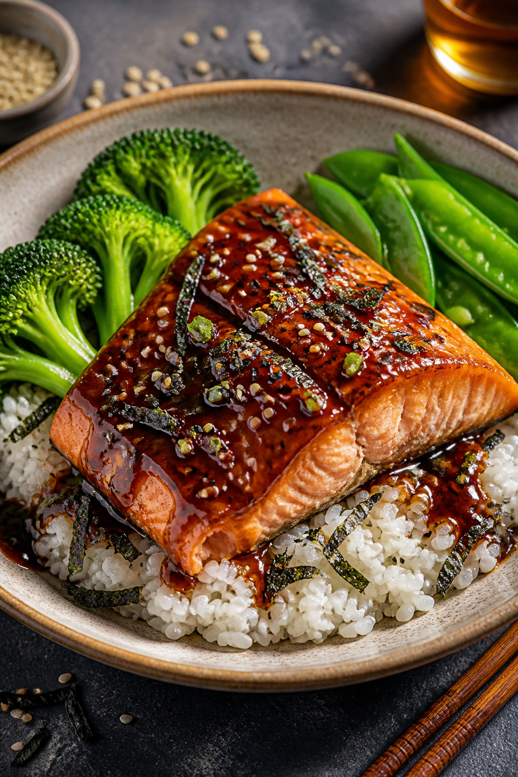 Final dish presentation: Restaurant-quality plated teriyaki salmon rice bowl on a wide, shallow ston
