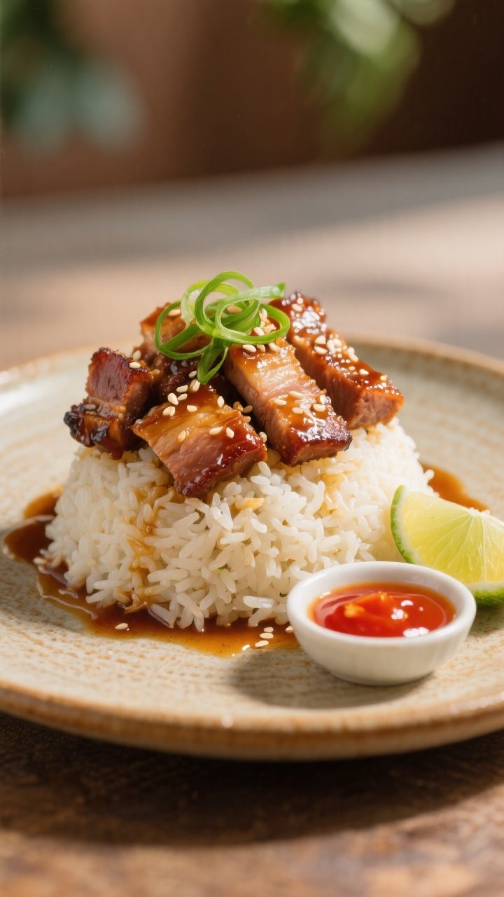 Final dish presentation: Restaurant-quality plated honey garlic pork & rice—neatly mounded basmati