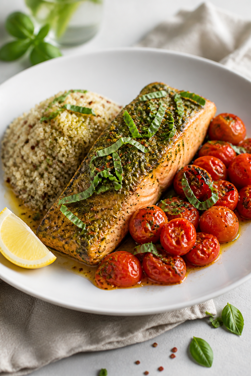 Final dish presentation: Restaurant-quality plated baked pesto salmon with tomatoes—one fillet cen