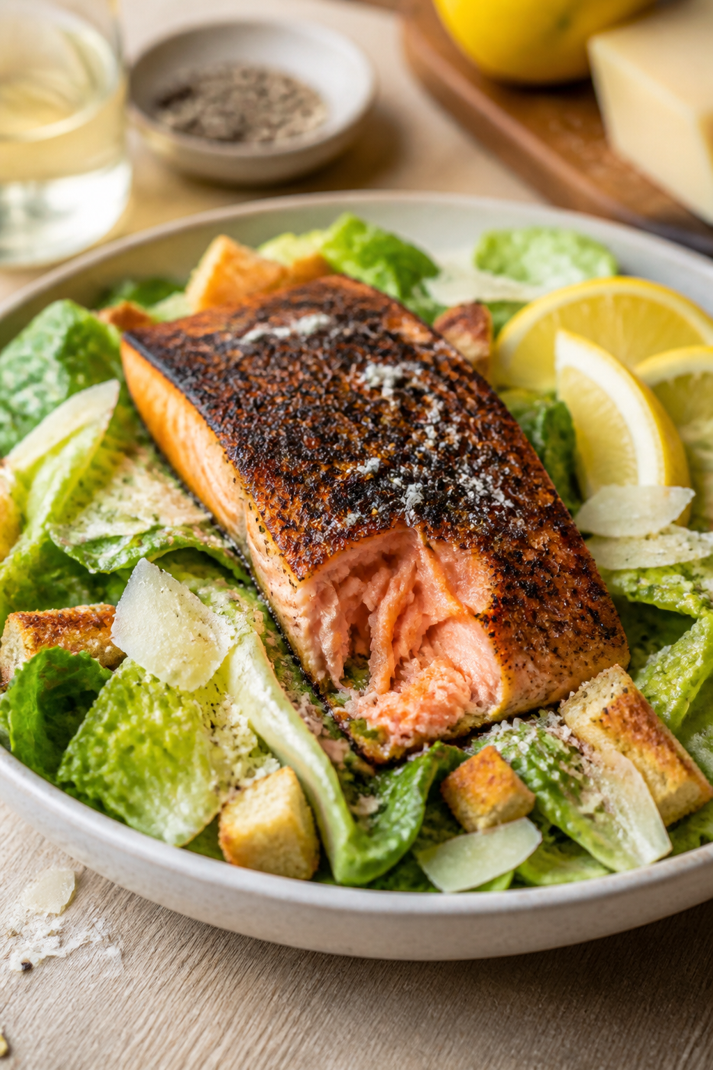 Final dish presentation: Restaurant-quality plated Blackened Salmon Caesar Bowl, three-quarter angle