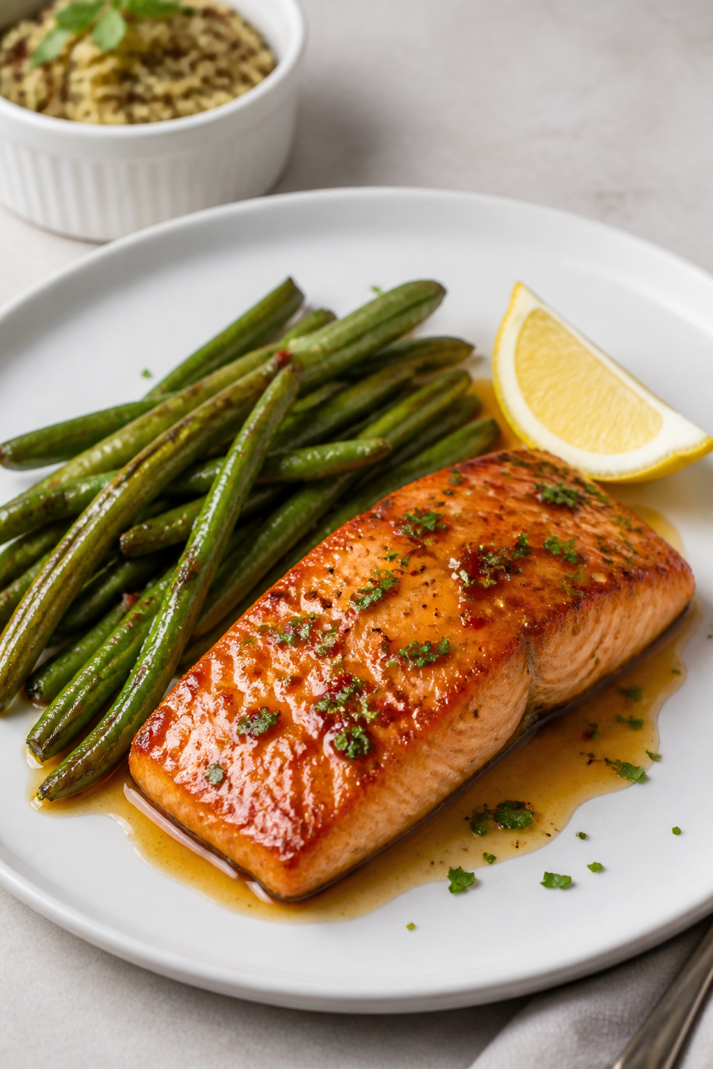 Final dish presentation: Restaurant-quality plated Maple Dijon Salmon & Green Beans, single fillet c