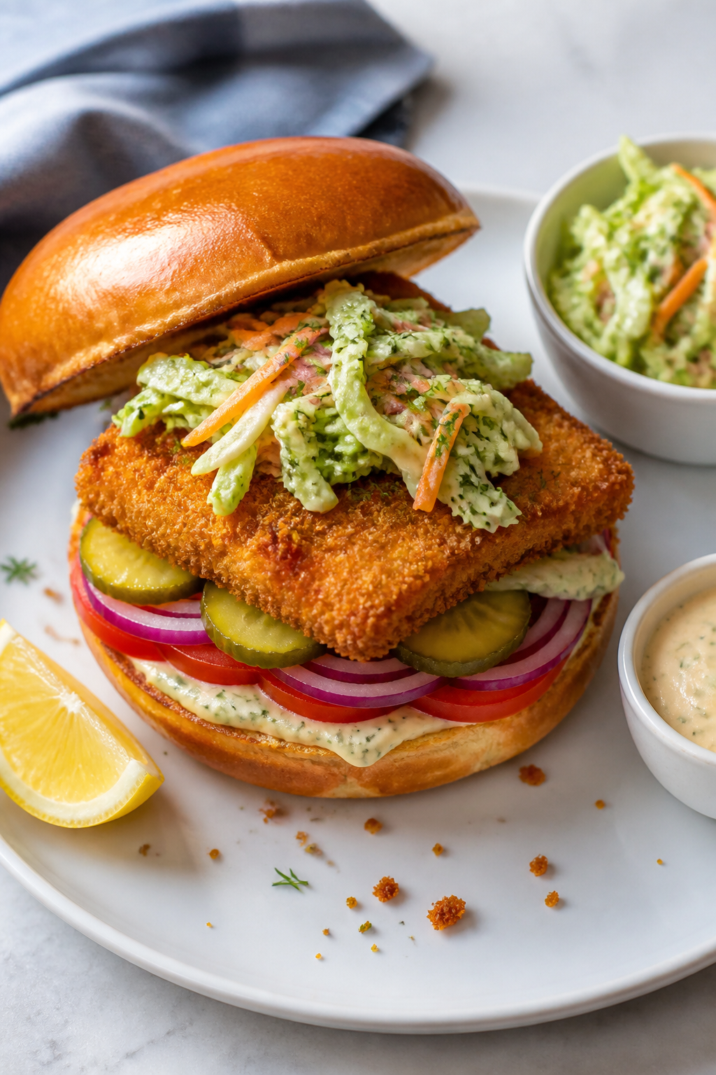 Final dish presentation: Restaurant-quality plated Healthy Crispy Fish Sandwich fully assembled on a