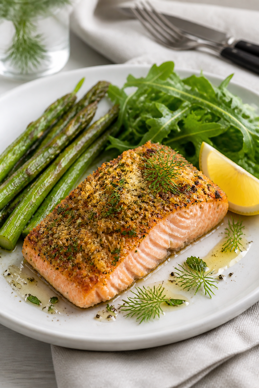 Final dish presentation: Restaurant-quality plated Parmesan Herb Crusted Salmon on a white ceramic p