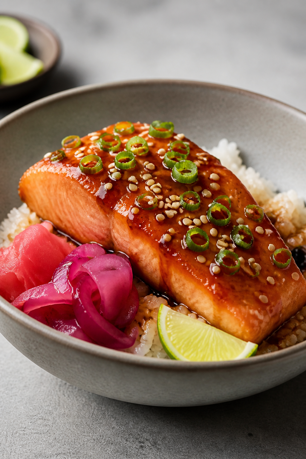 Final dish presentation: Restaurant-quality plated bowl with salmon fillet intact over rice, the gla