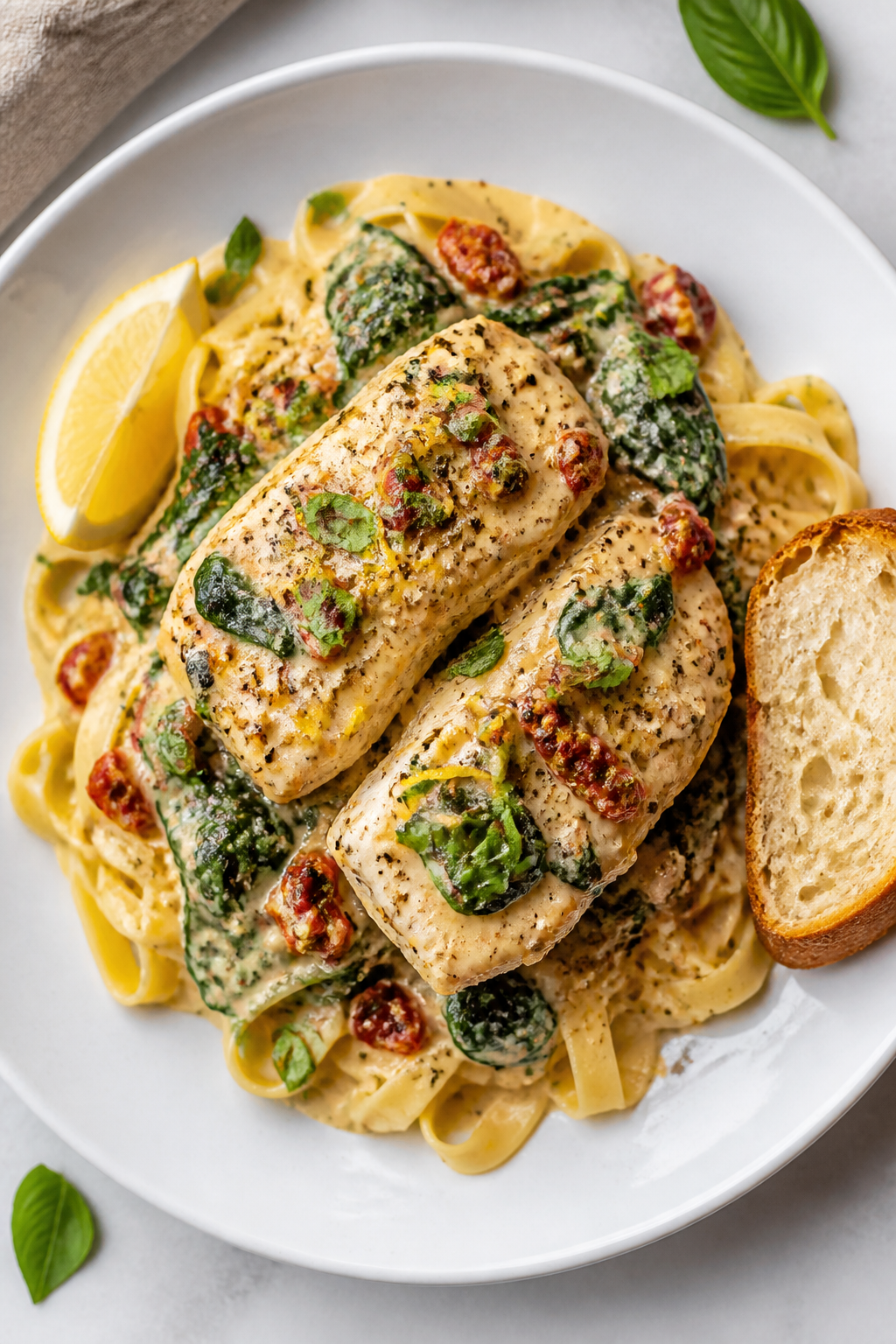 Final dish presentation: Restaurant-quality plated Creamy Garlic Tuscan Cod—two fillets atop butte