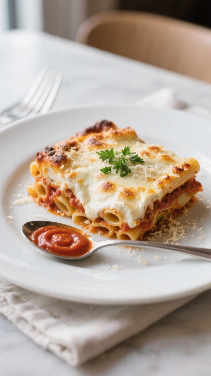 Final dish presentation: Restaurant-quality plated serving of baked ziti on a matte white dinner pla