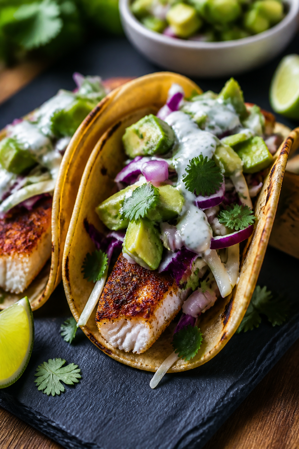 Final dish presentation: Restaurant-quality plated blackened mahi mahi tacos—two warm tortillas fi