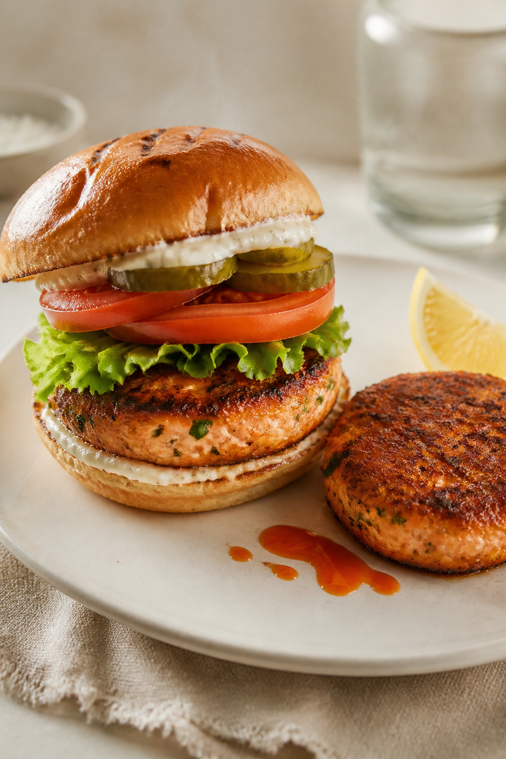 Final dish presentation: Restaurant-quality salmon patty sandwich on a toasted brioche bun, patty sh