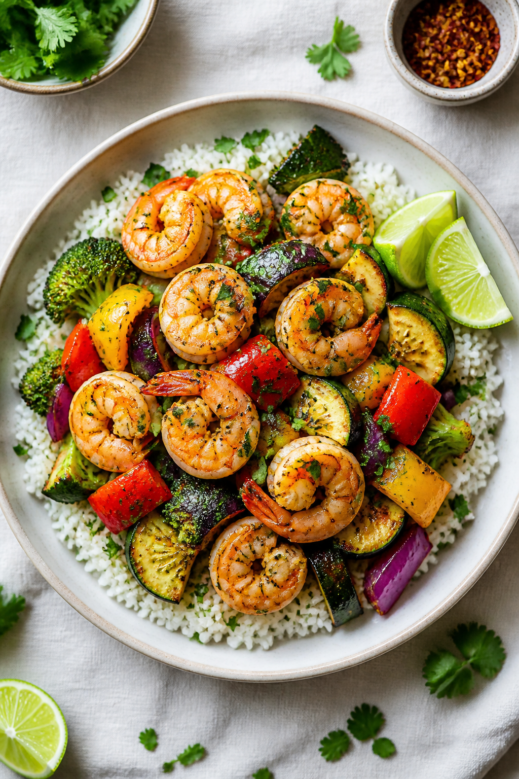 Final dish presentation, tasty top view: Overhead bowl of Sheet Pan Garlic Lime Shrimp & Veggies ser