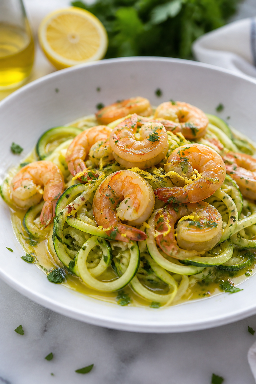 Final dish presentation: Zoodle scampi plated in a wide, shallow white bowl—crisp-tender zucchini 