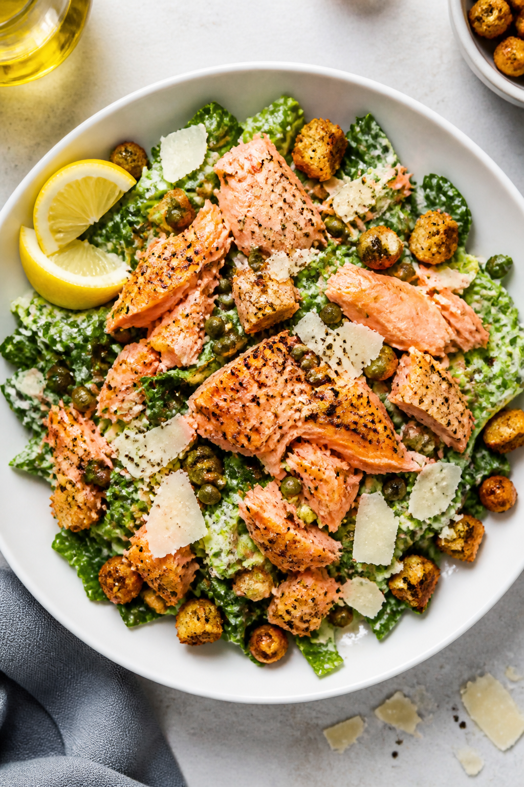 Final dish, tasty top view: Overhead shot of a plated High Protein Salmon Caesar Salad in a wide, sh