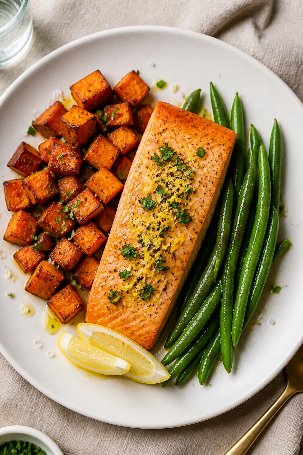 Final dish, tasty top view: Restaurant-quality plated serving of sheet pan salmon with sweet potatoe
