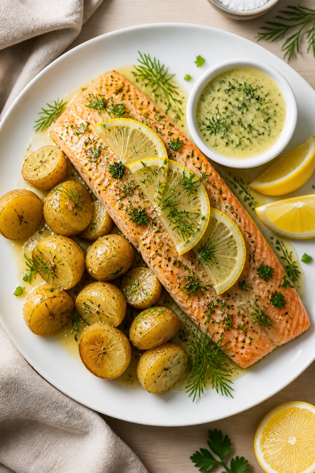 Final dish, top-down: Overhead shot of a beautifully plated Lemon Dill Salmon with Potatoes on a mat