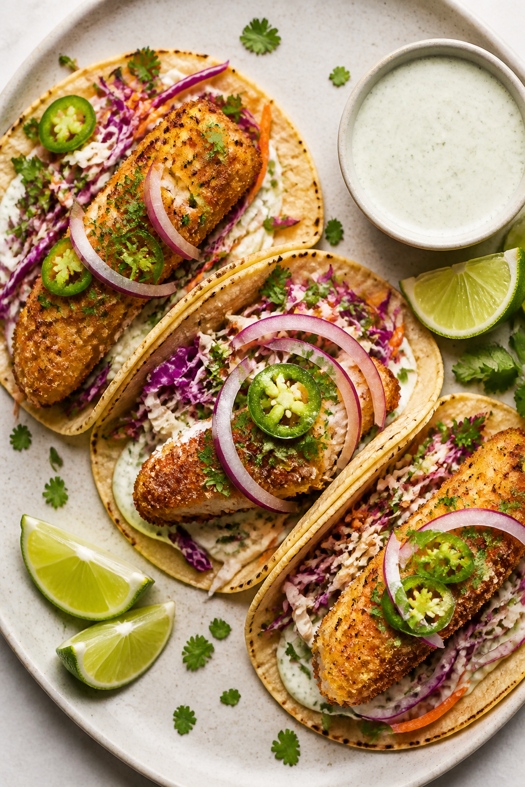 Final dish top view: Overhead shot of assembled crispy coconut fish tacos on a matte ceramic platter