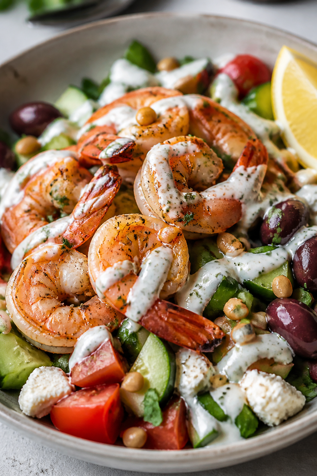 Final plated beauty, close-up detail: Close-up of the finished Healthy Mediterranean Shrimp Bowl wit