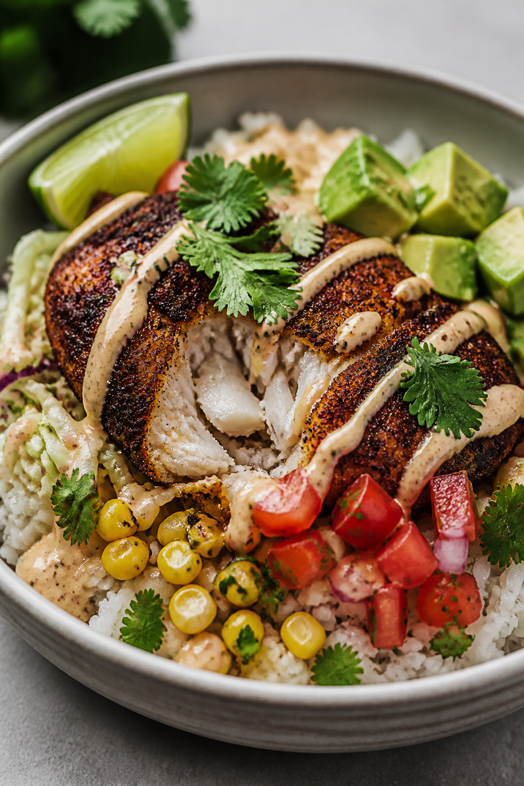 Final plated beauty: Hero close-up of a single Blackened Fish Taco Bowl, focus on the flaky interior