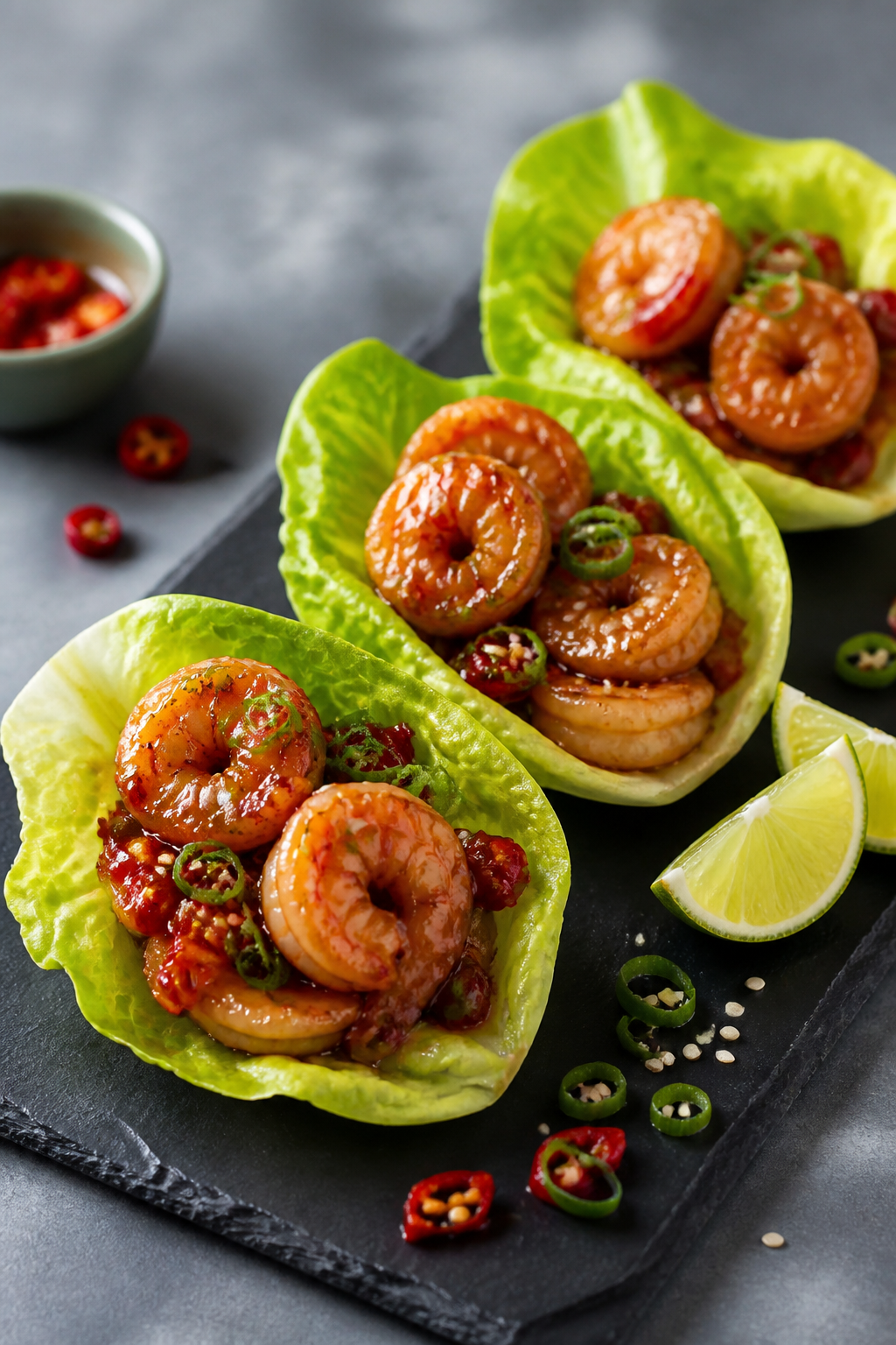 Final plated beauty: Hero plate of Garlic Chili Shrimp Lettuce Wraps, three neatly filled lettuce cu