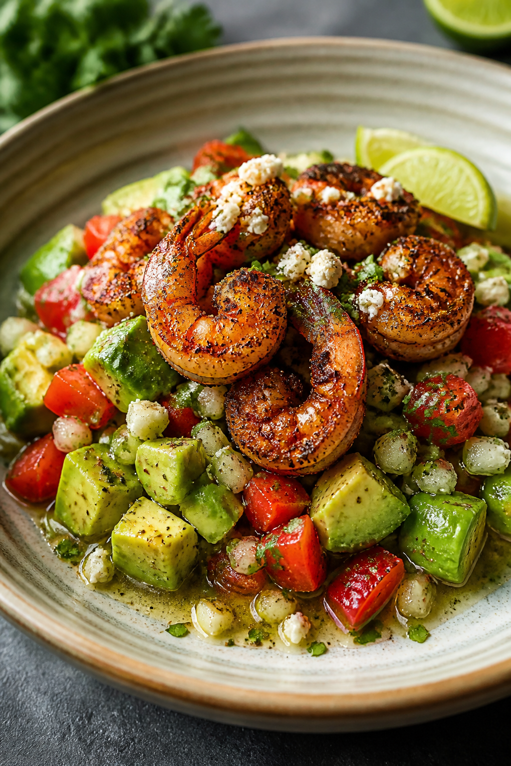 Final plated beauty: Restaurant-quality presentation of Blackened Shrimp & Avocado Bowl on a wide, s