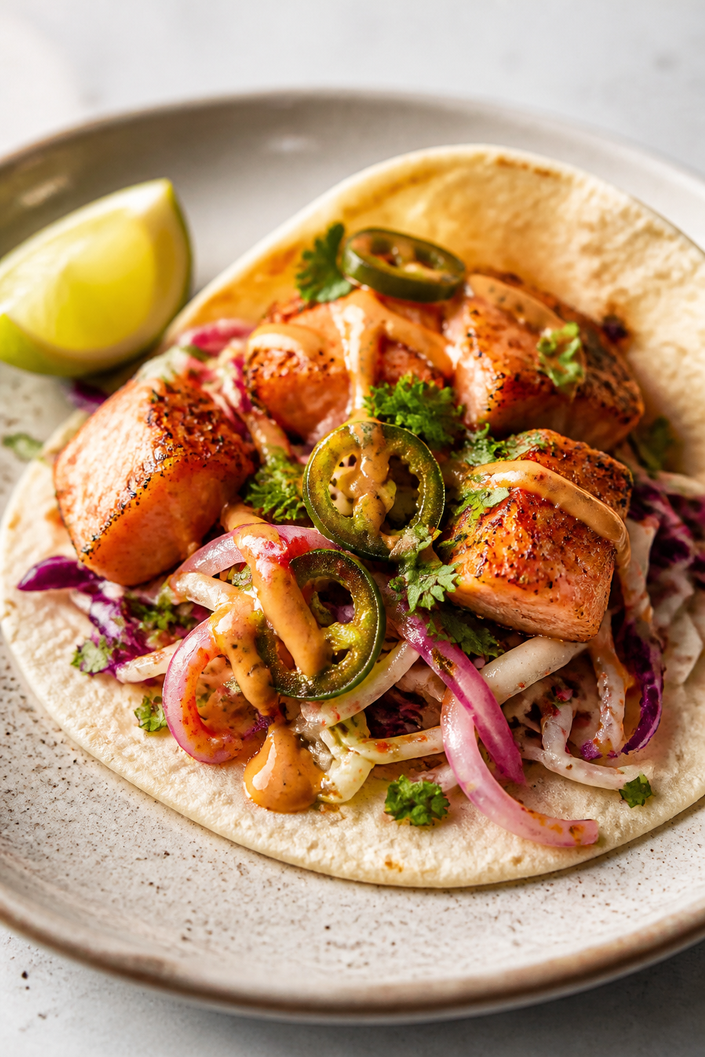Final plated beauty: Restaurant-quality single taco close-up on a speckled stoneware plate—crisp-e