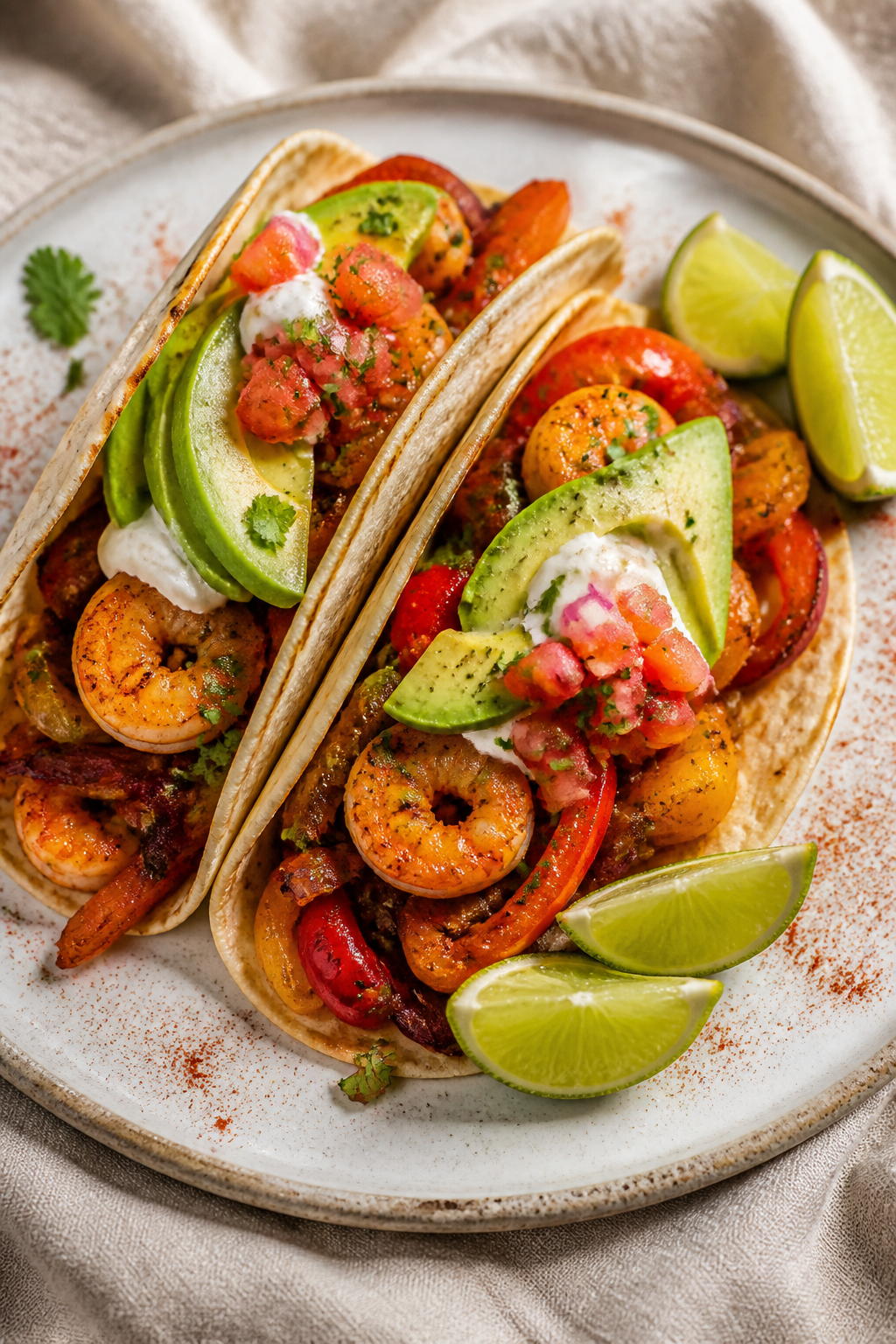 Final plated beauty shot: Two warm flour tortillas filled with juicy sheet pan shrimp and charred pe