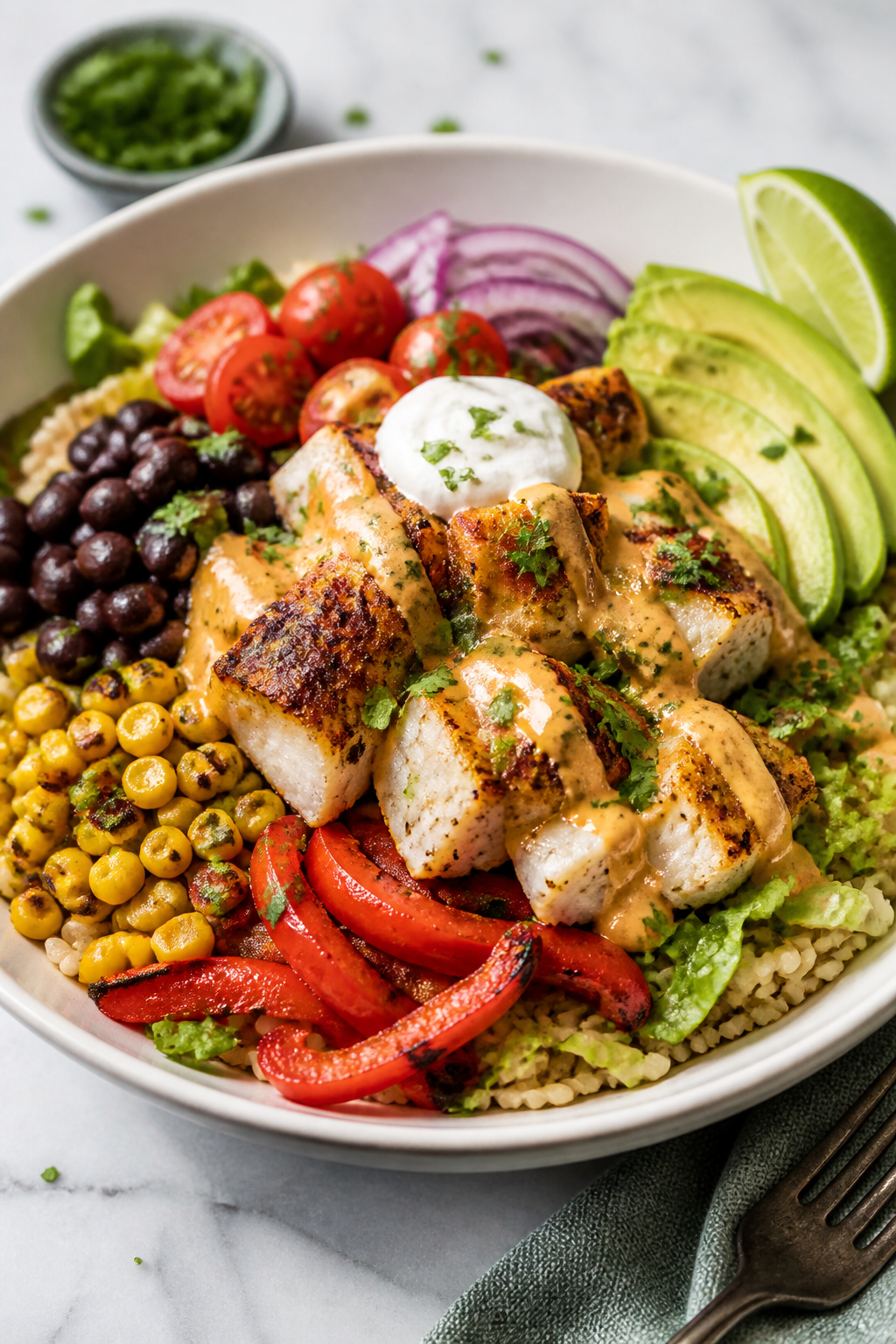Final plated bowl beauty: Healthy Chipotle Lime Fish Bowl in a wide, matte white bowl—base of warm