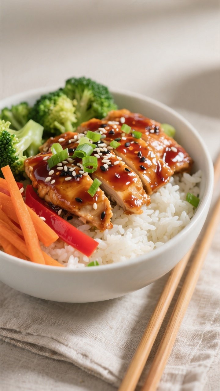Final plated bowl beauty shot: Teriyaki chicken rice bowl composed with fluffy jasmine rice on the b