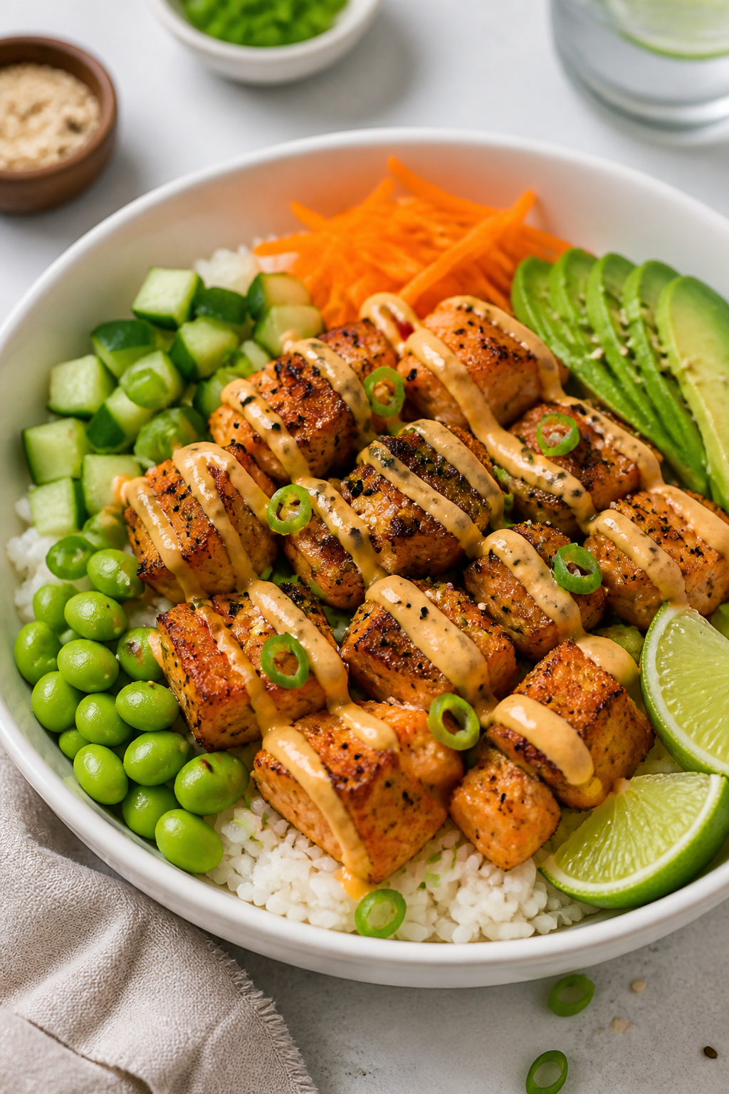 Final plated bowl hero shot: Beautifully plated Air Fryer Salmon Bites Bowl in a matte white shallow