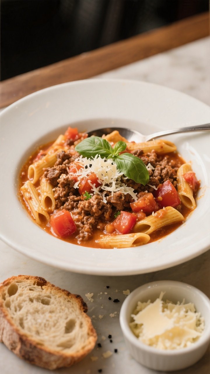 Final plated dish: Beautifully plated Creamy Tomato Ground Beef Skillet spooned over al dente penne