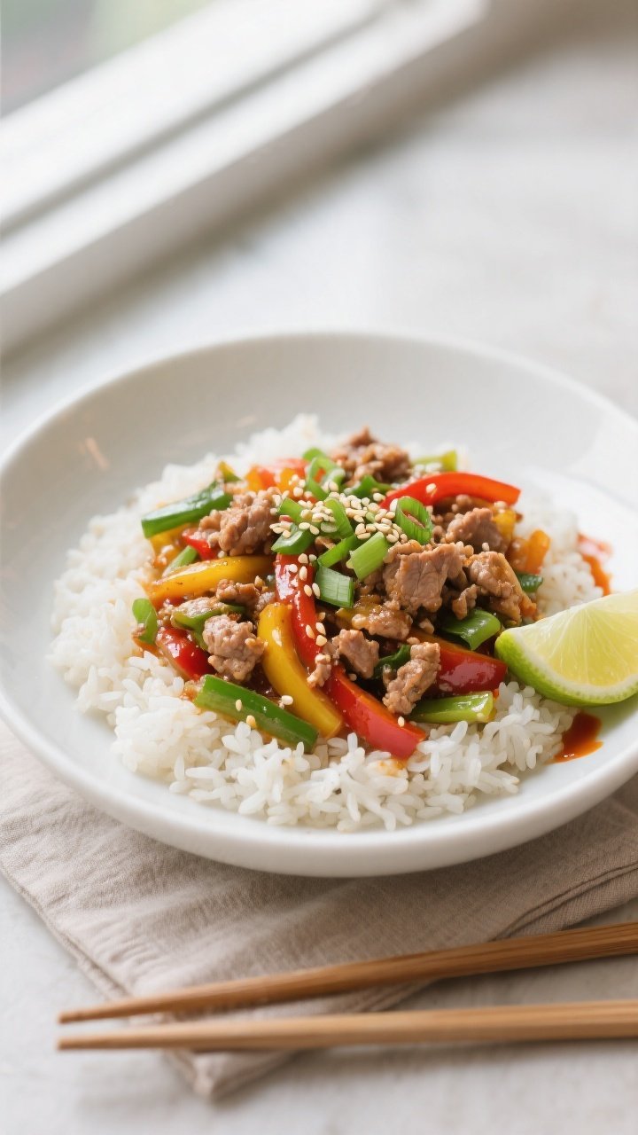 Final plated dish, : Beautifully plated Ground Turkey Veggie Stir Fry over fluffy jasmine rice in a 
