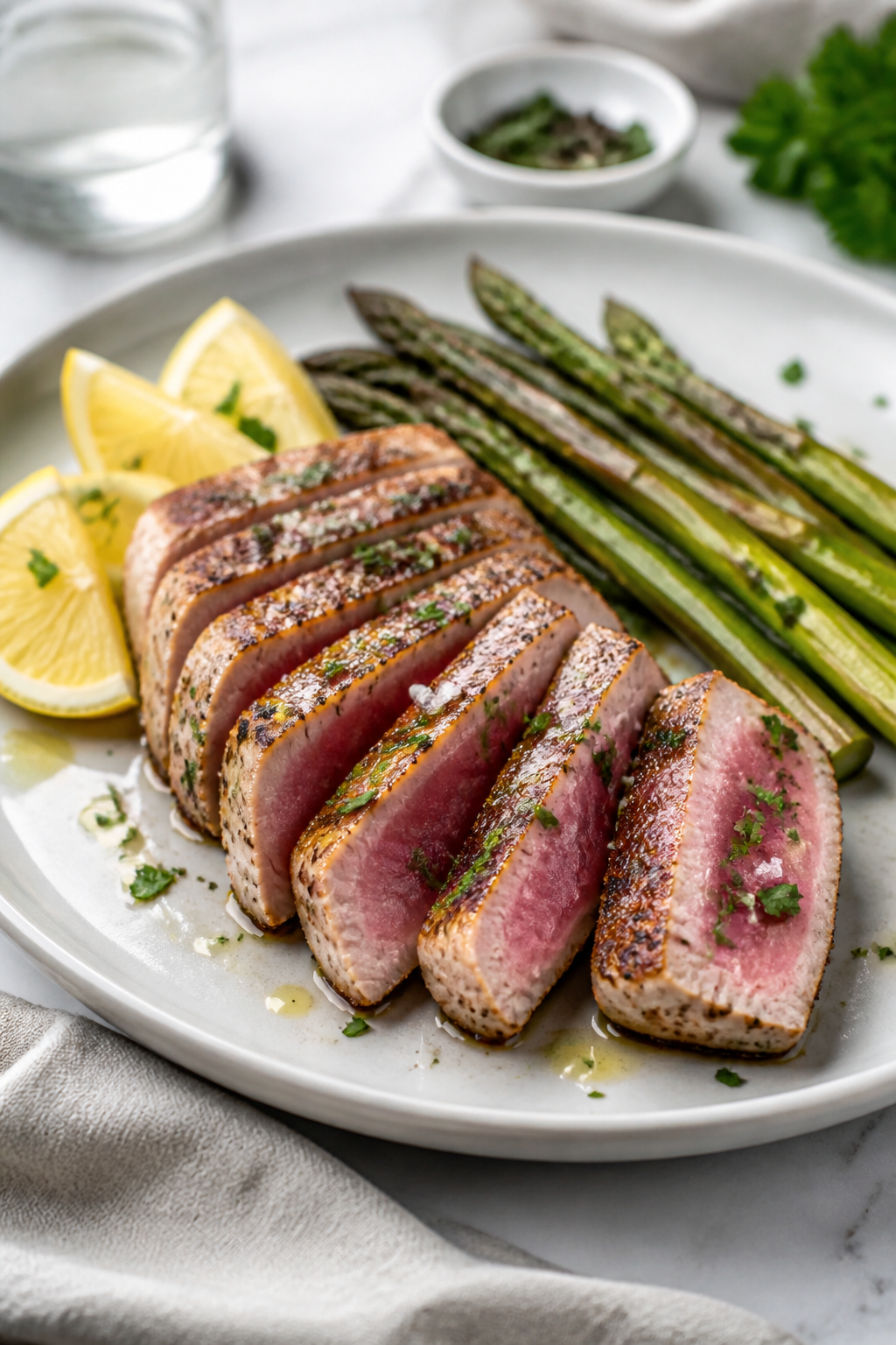 Final plated dish: Beautifully plated Healthy Lemon Garlic Tuna Steaks sliced to reveal a pink, medi