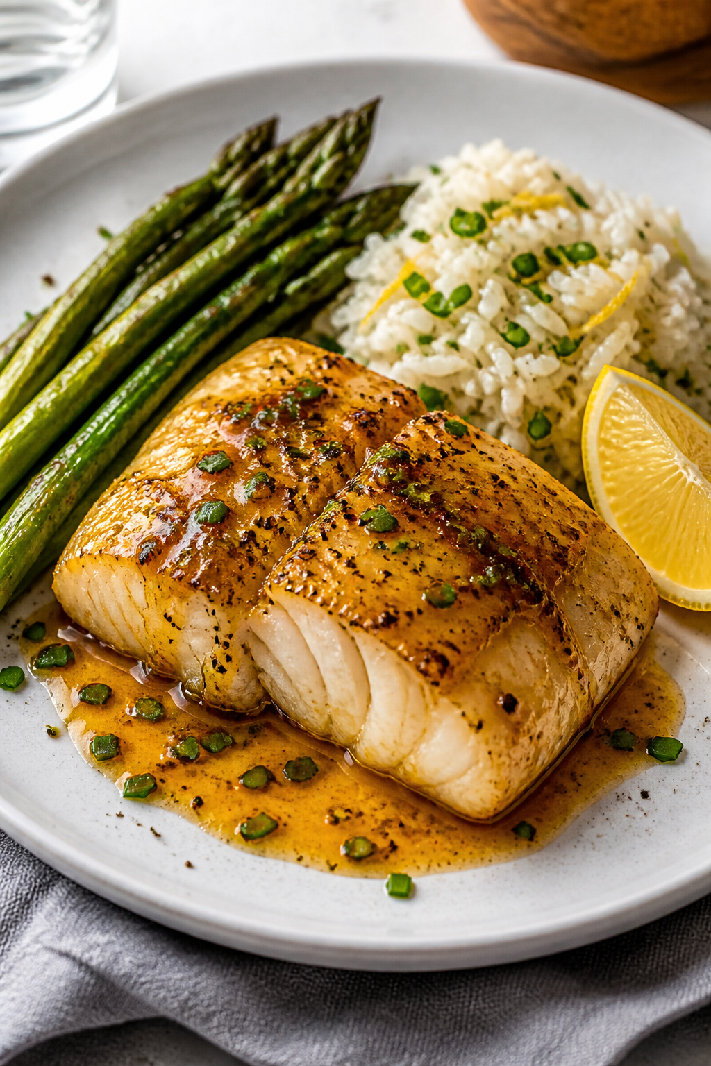 Final plated dish: Beautifully plated Honey Mustard Glazed Cod on a white ceramic plate with a gloss
