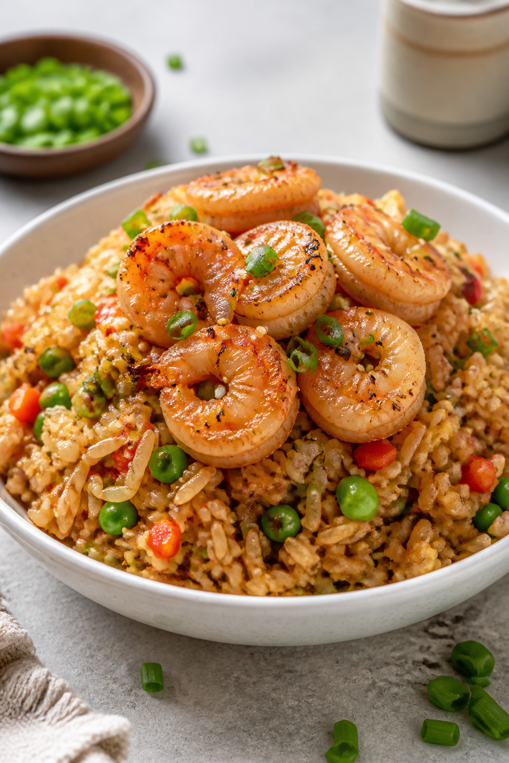 Final plated dish beauty: Beautifully plated shrimp fried rice in a shallow white ceramic bowl, moun